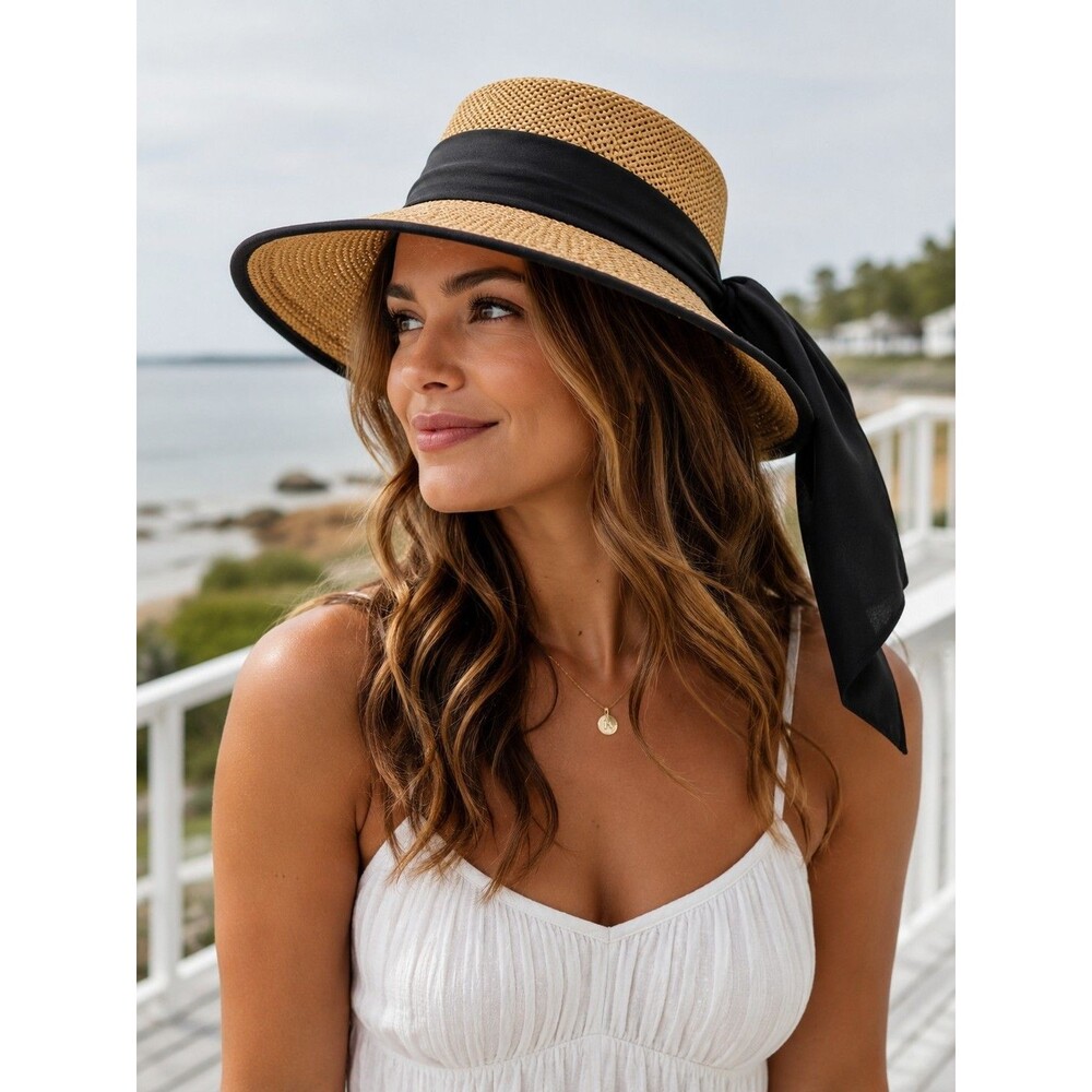 Preston & York Straw Sun Hat Wide Brim Black Ribbon Tie NWT Beach Resort